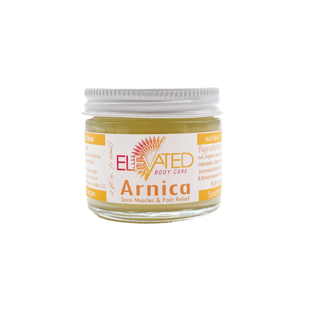 Jar of Arnica cream with 'Elevated Body Care' label on a white background