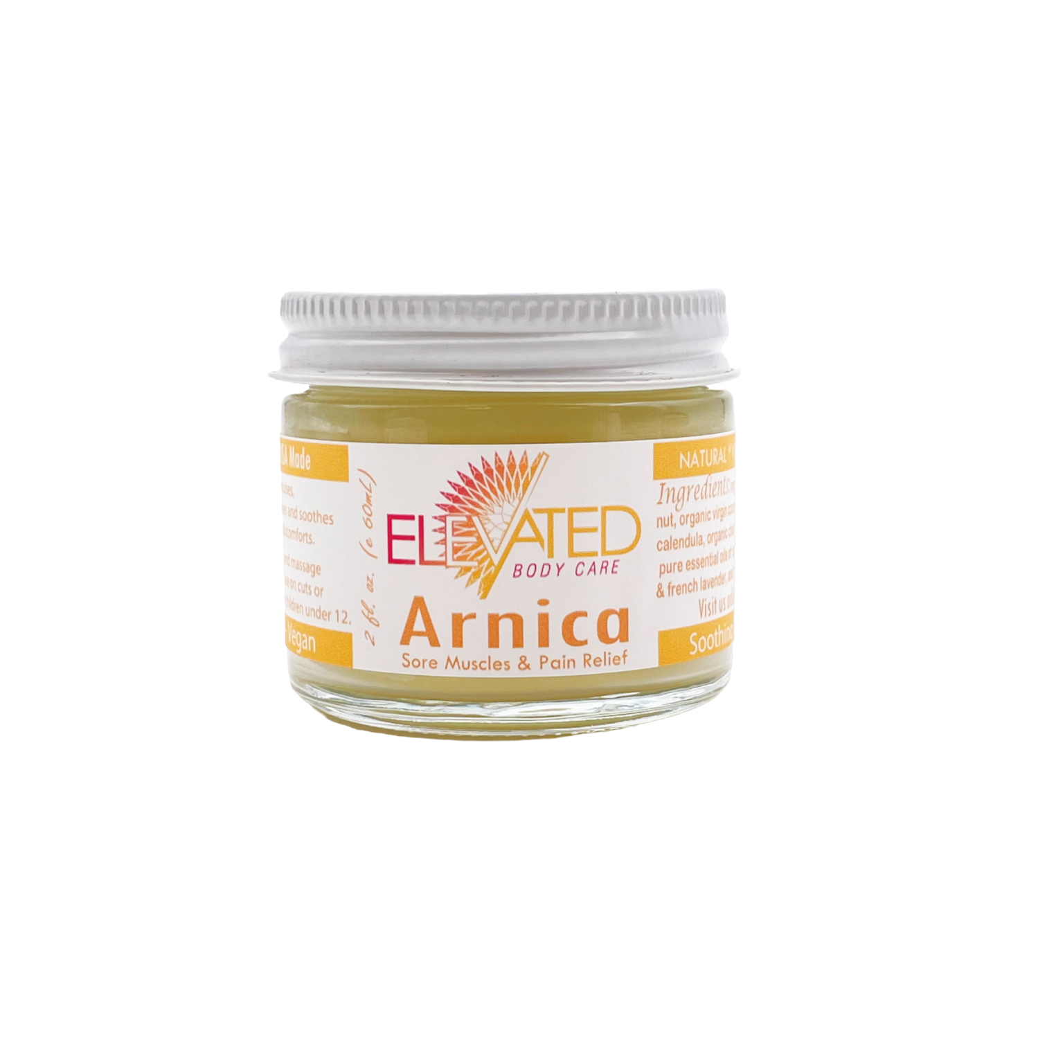 Jar of Arnica cream with 'Elevated Body Care' label on a white background