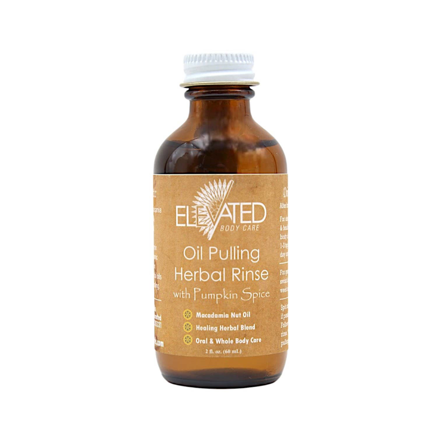 Bottle of Elevated Body Care Oil Pulling Herbal Rinse with Pumpkin Spice on a white background