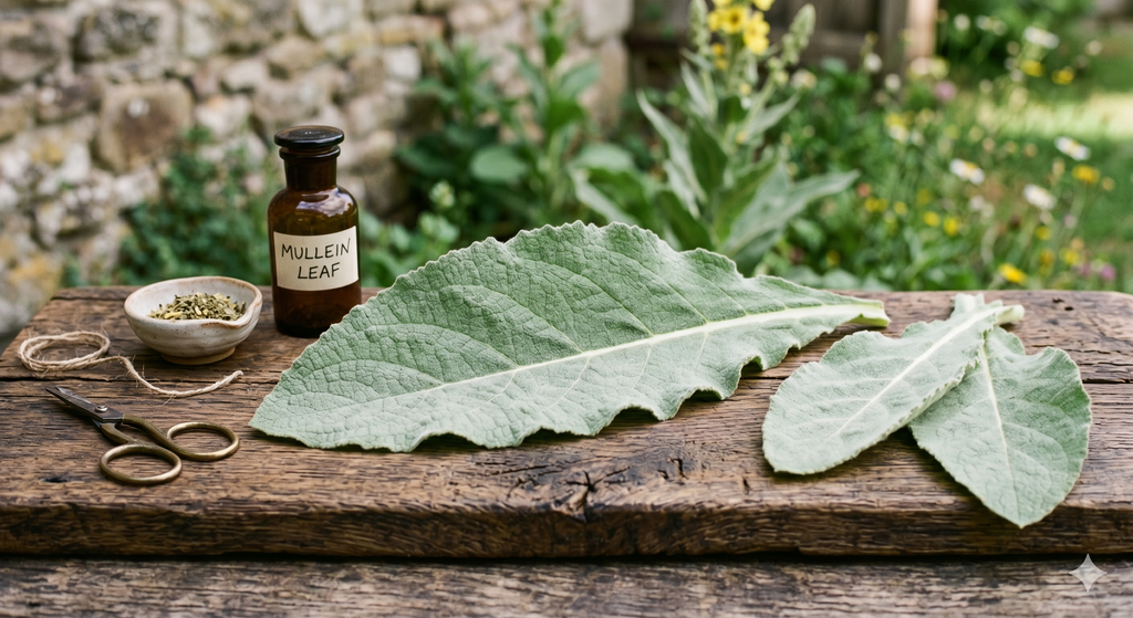 Mullein leaves on a wooden surface with a bottle of mullein leaf tincture and a small bowl.