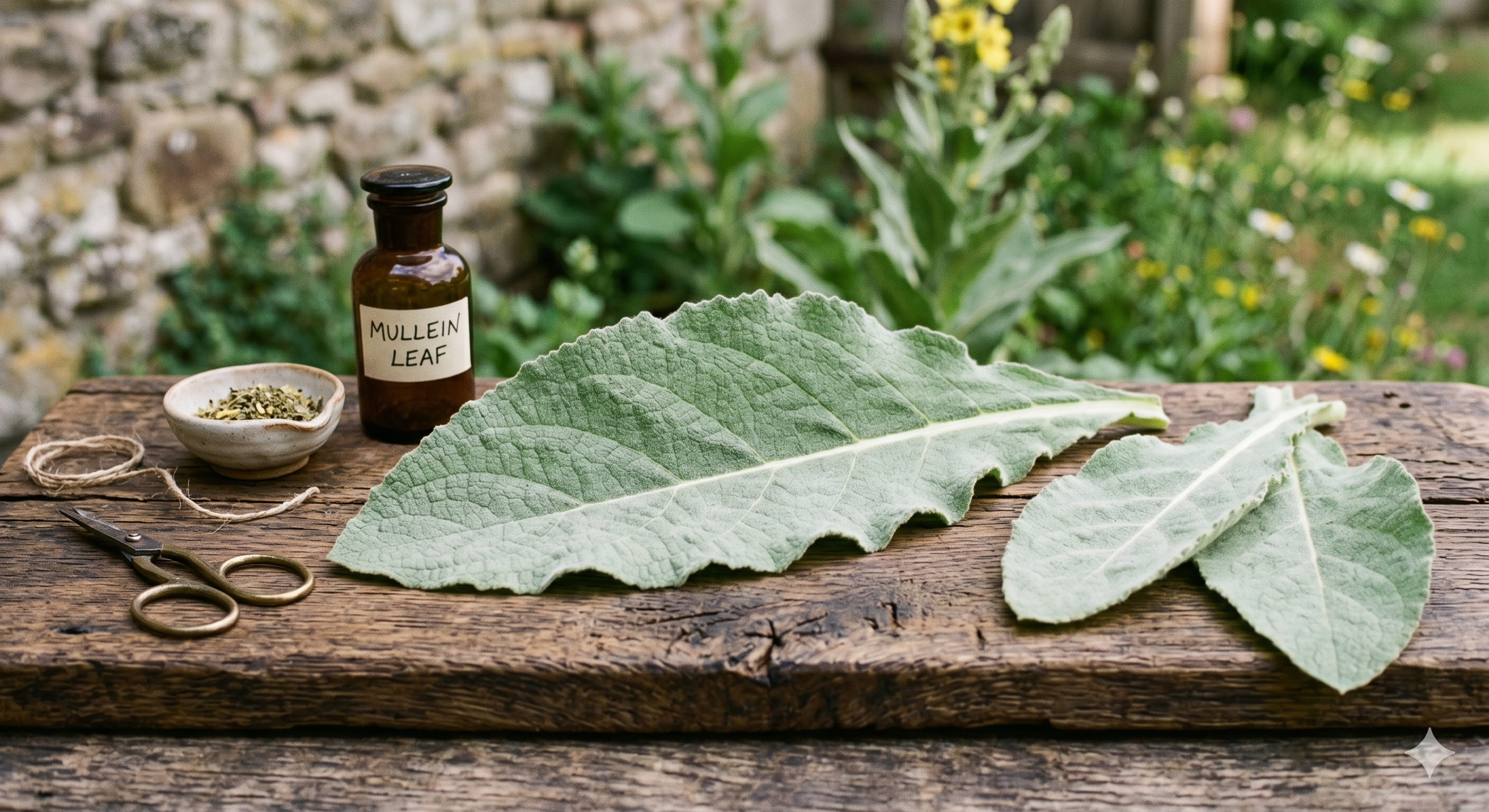 Mullein leaves on a wooden surface with a bottle of mullein leaf tincture and a small bowl.