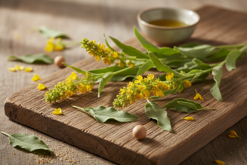 Organic mullein next to a cup of tea on a wooden board