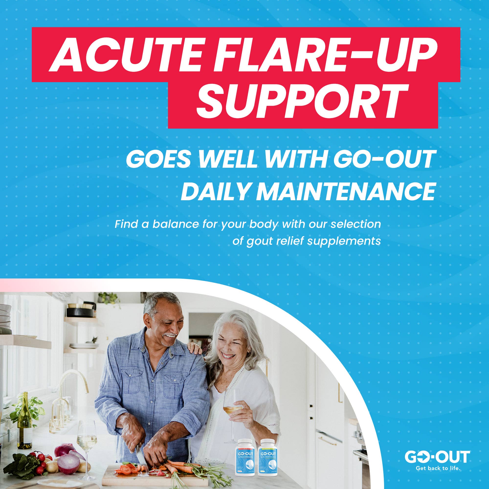 Advertisement for gout relief supplements with a couple in a kitchen and 'GO-OUT' branding.