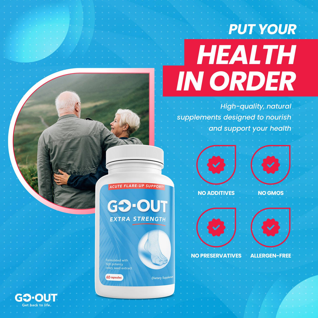 Supplement bottle with promotional text and images of an elderly couple on a blue background