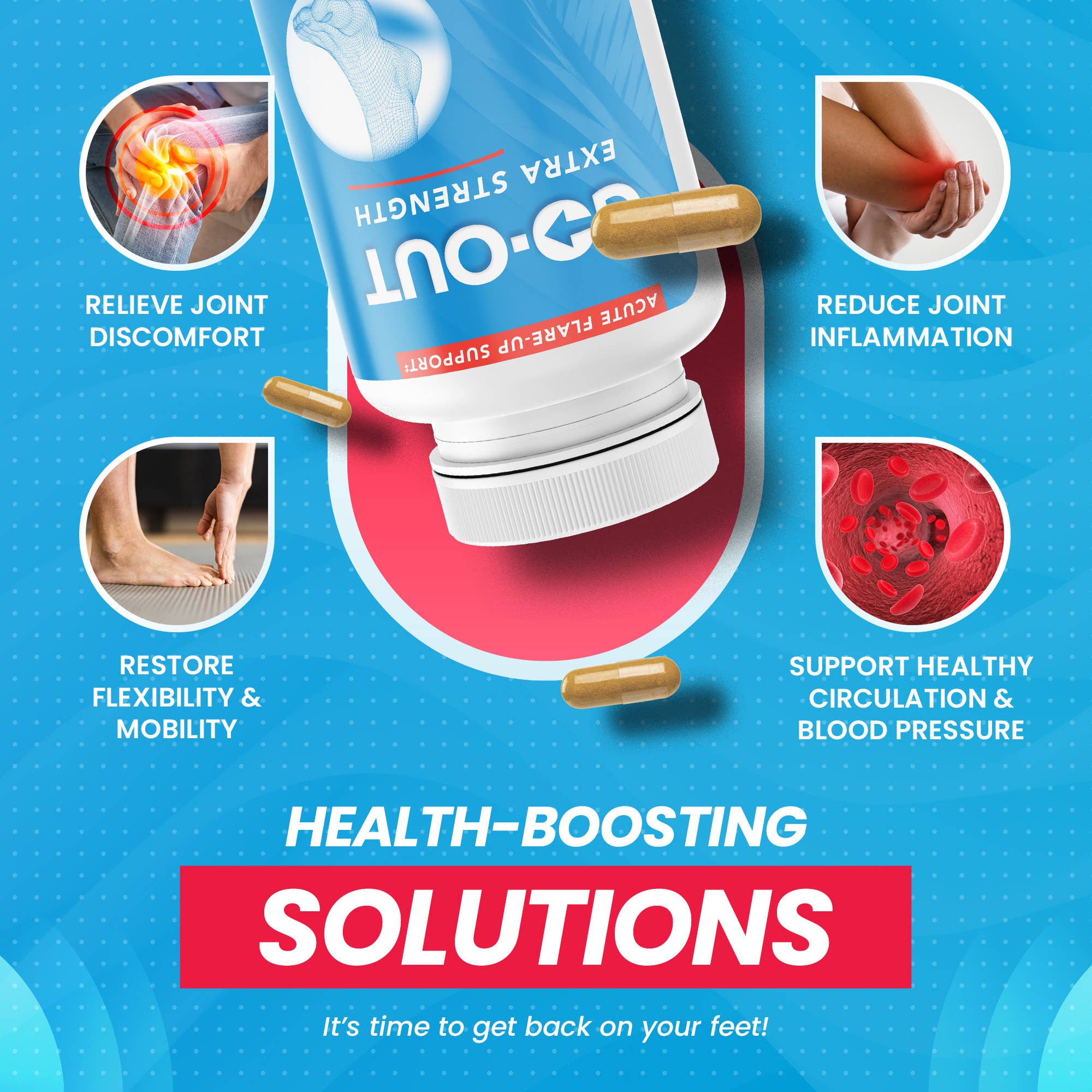 Health supplement bottle with capsules on a blue background, featuring text about health benefits.
