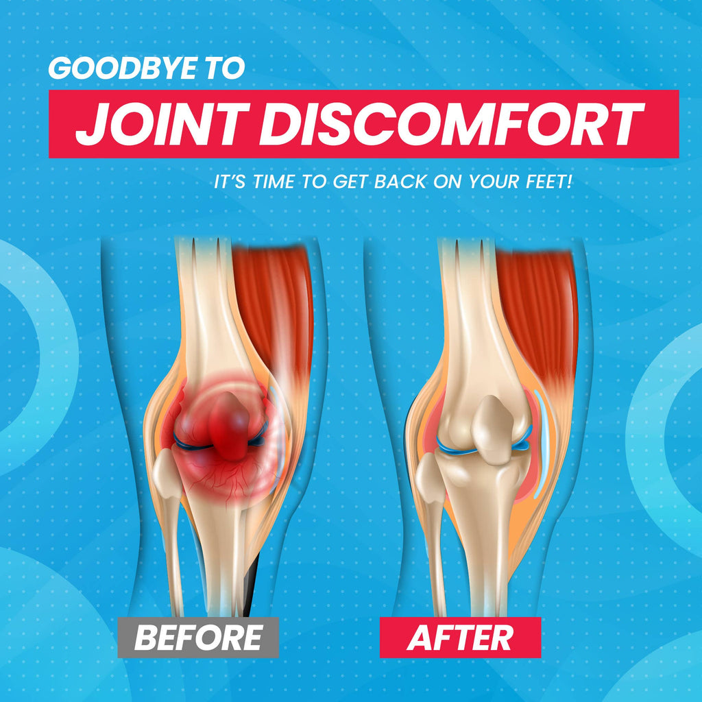 Illustration of a knee joint before and after treatment on a blue background with text about joint discomfort.
