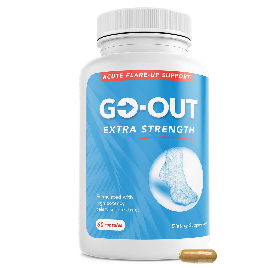 Supplement bottle labeled 'GO-OUT Extra Strength' on a white background