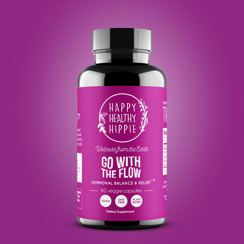 Supplement bottle with a purple label on a purple background