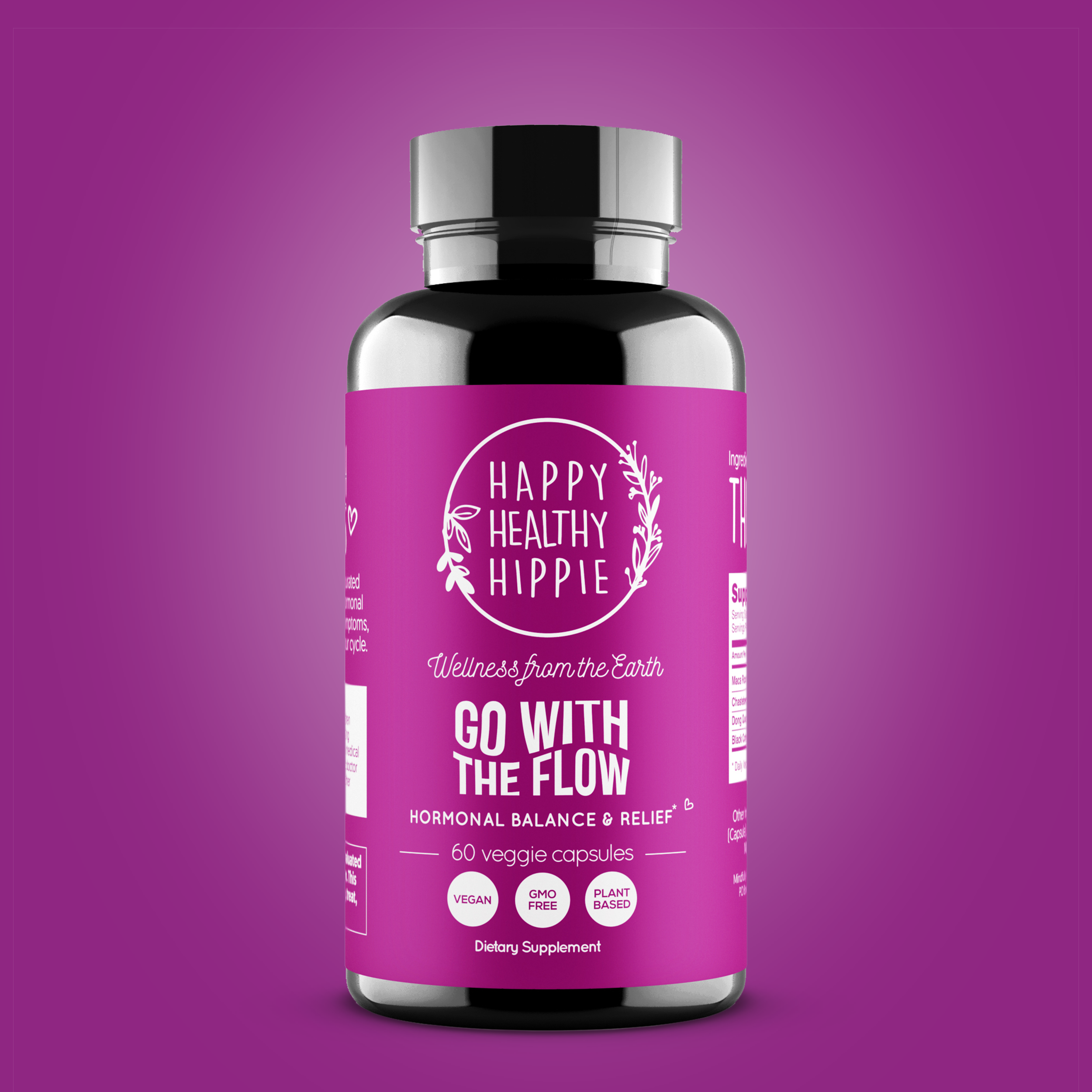 Supplement bottle with a purple label on a purple background