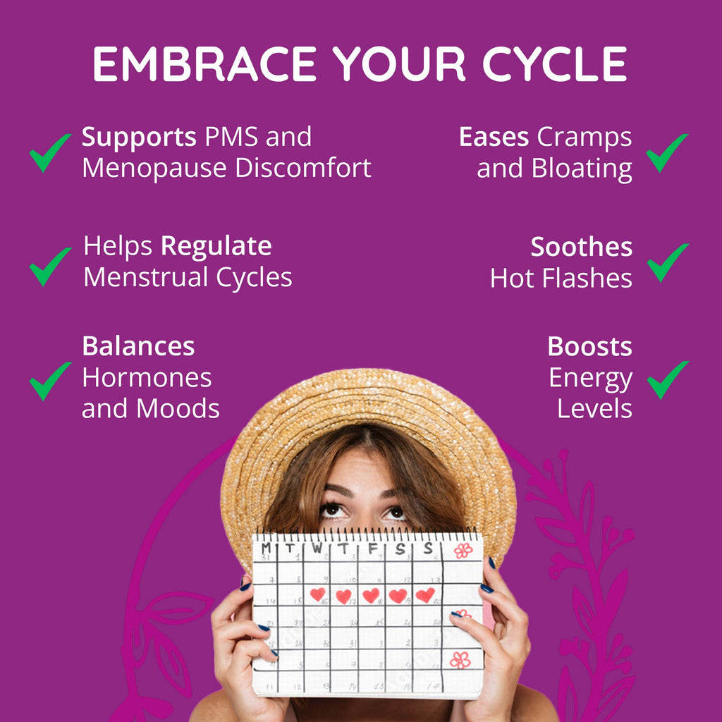 Woman holding a menstrual calendar with purple background and text about menstrual health benefits.
