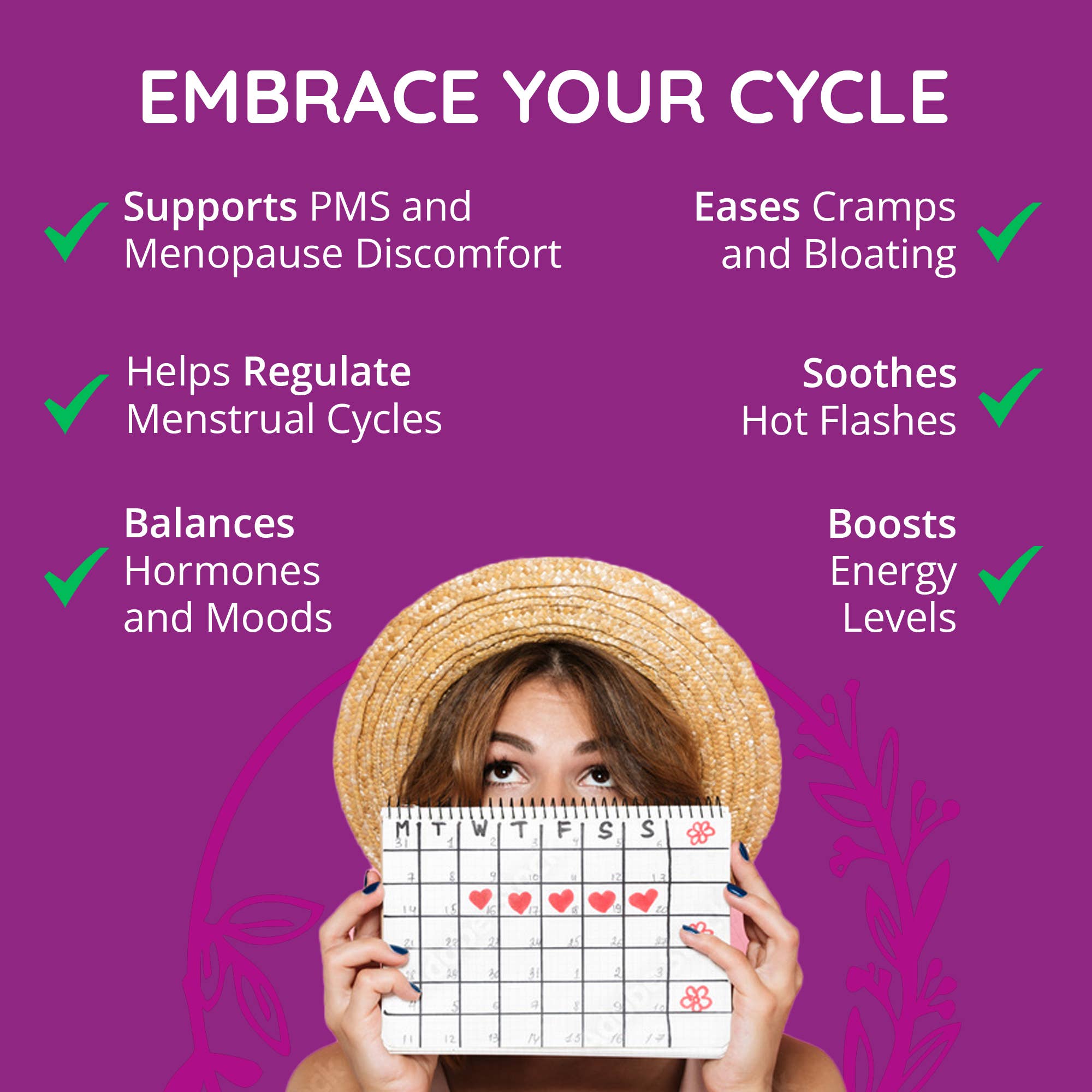 Woman holding a menstrual calendar with purple background and text about menstrual health benefits.