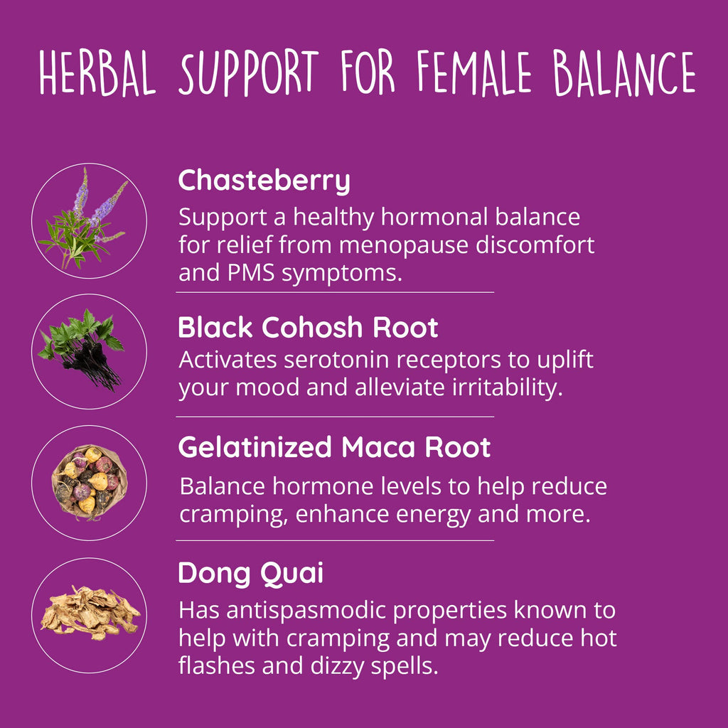 Herbal support for female balance with images and descriptions on a purple background