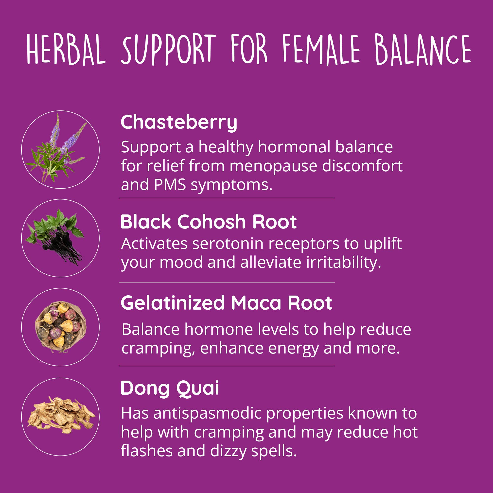 Herbal support for female balance with images and descriptions on a purple background