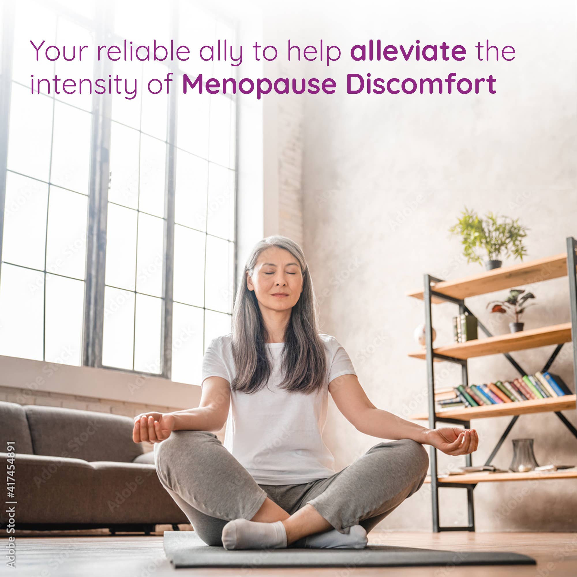 Woman meditating in a modern living room with text about alleviating menopause discomfort.
