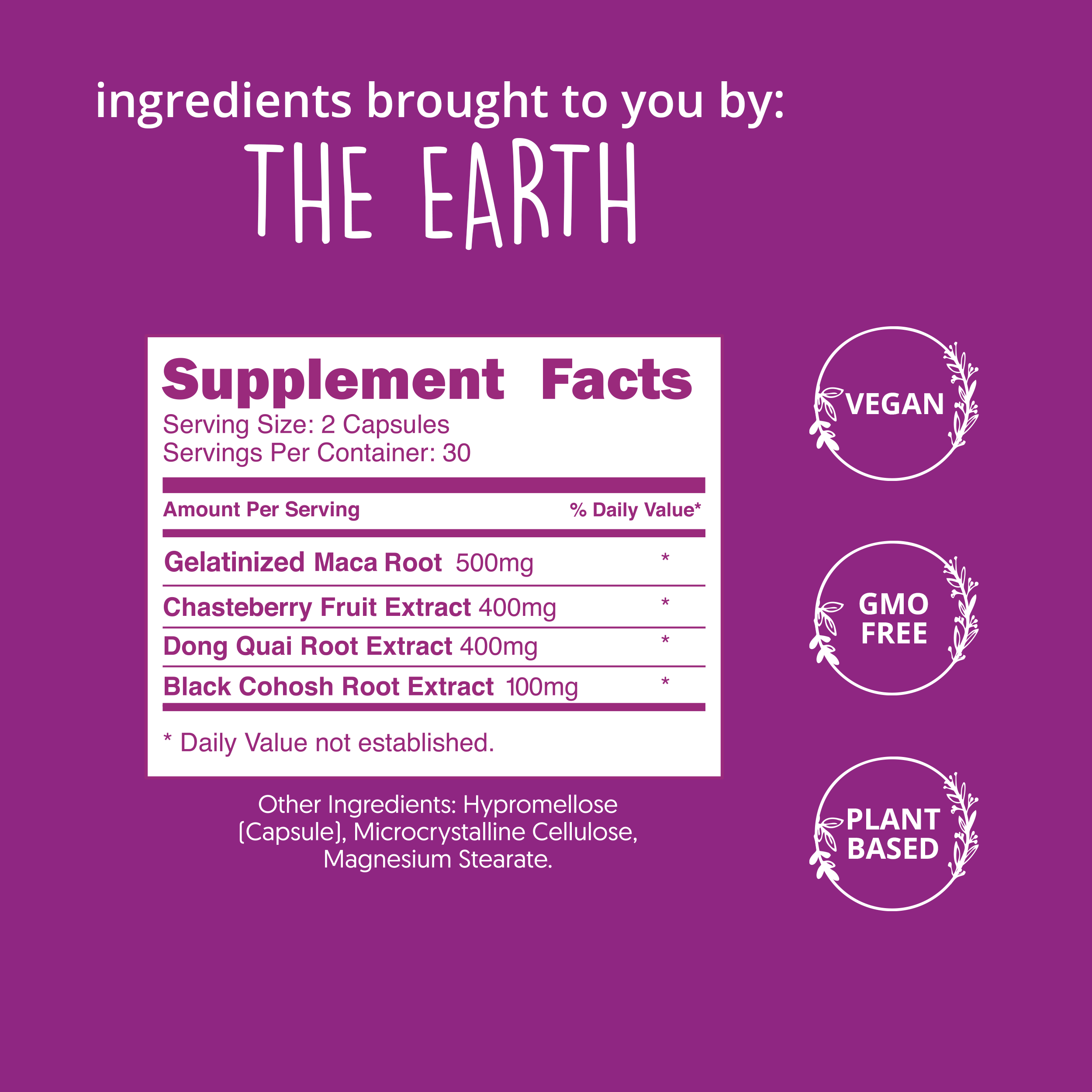 Supplement facts label with ingredients on a purple background, featuring 'The Earth' branding.