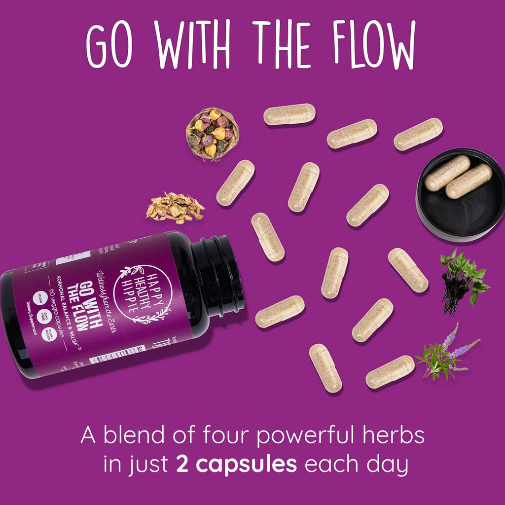 Vitamins on a purple background with text 'Go with the Flow' and branding.