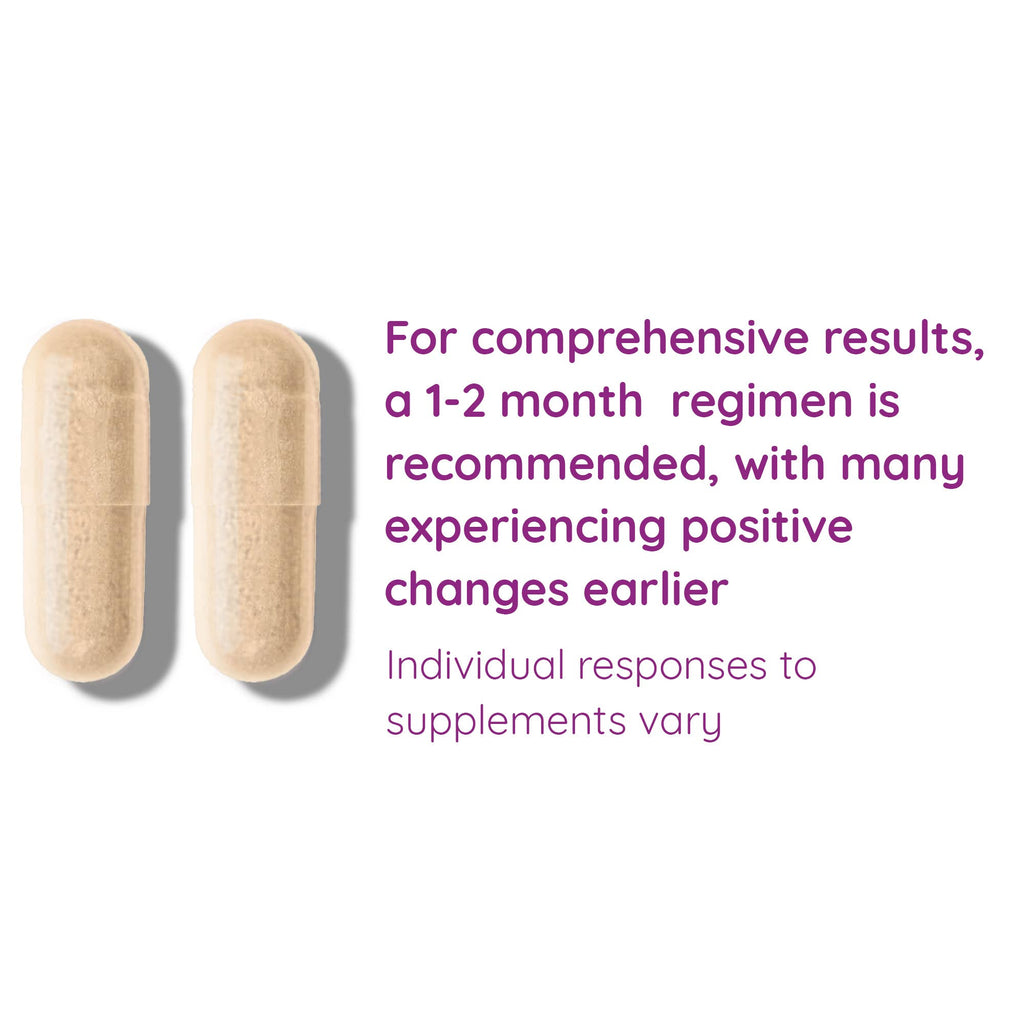 Two beige supplement capsules with text on a white background