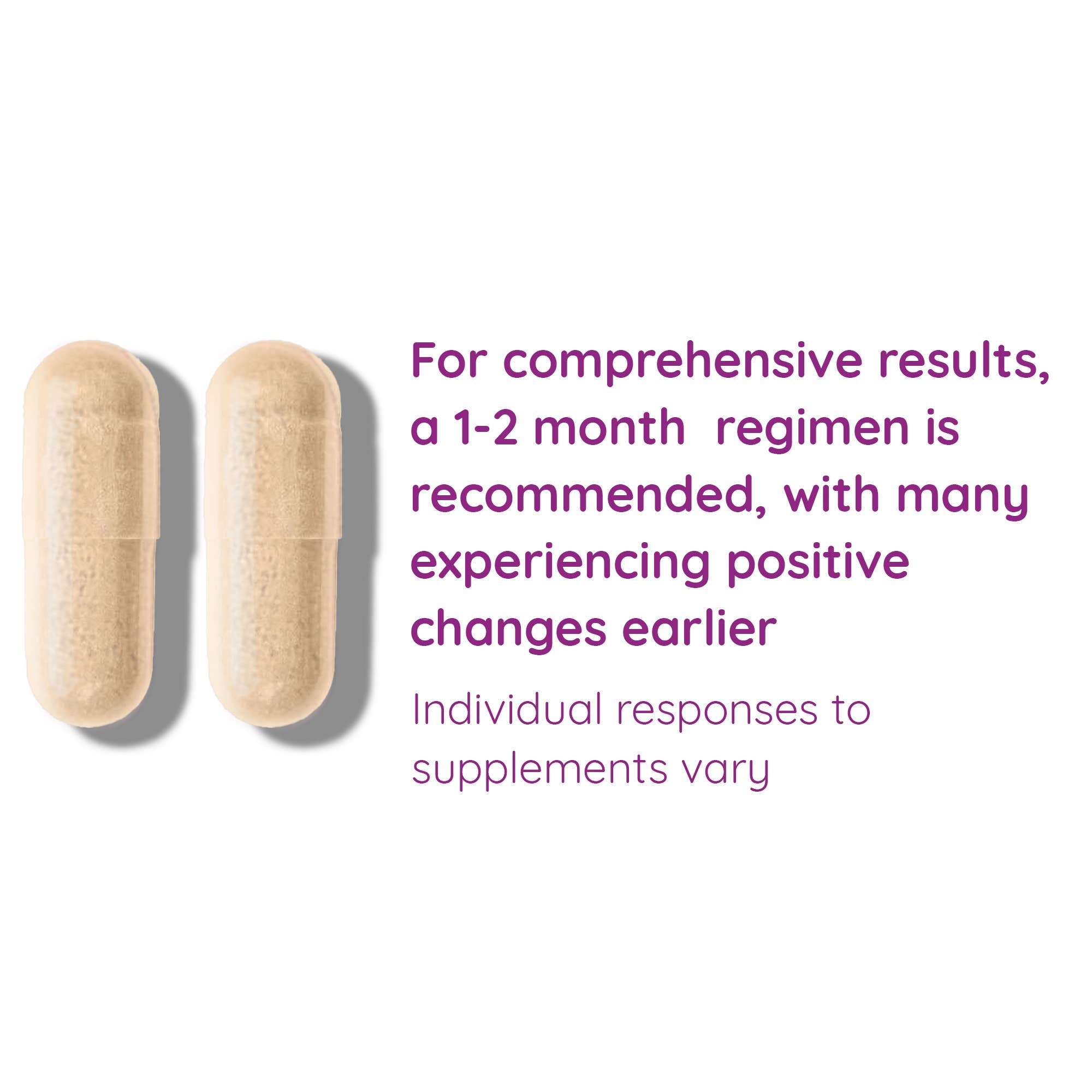 Two beige supplement capsules with text on a white background