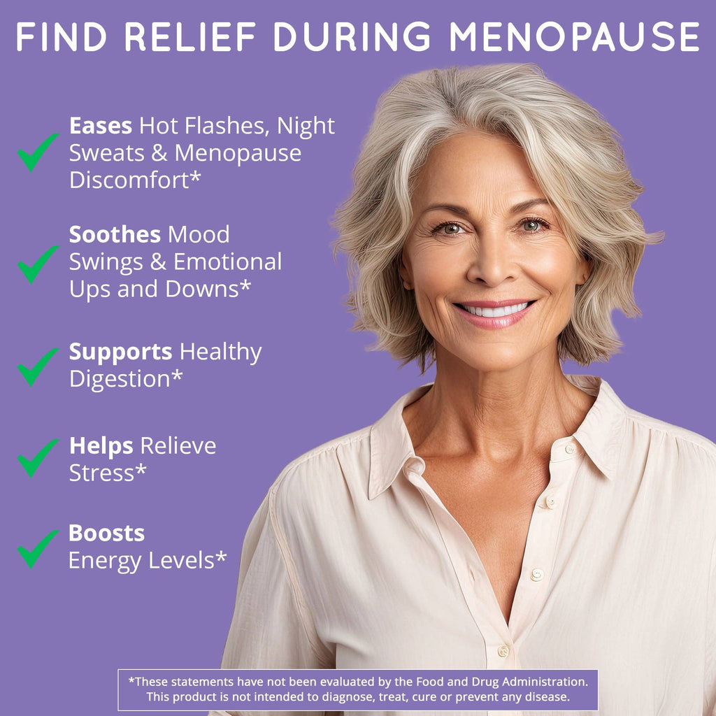 Woman with gray hair and a light shirt on a purple background with text about menopause relief.
