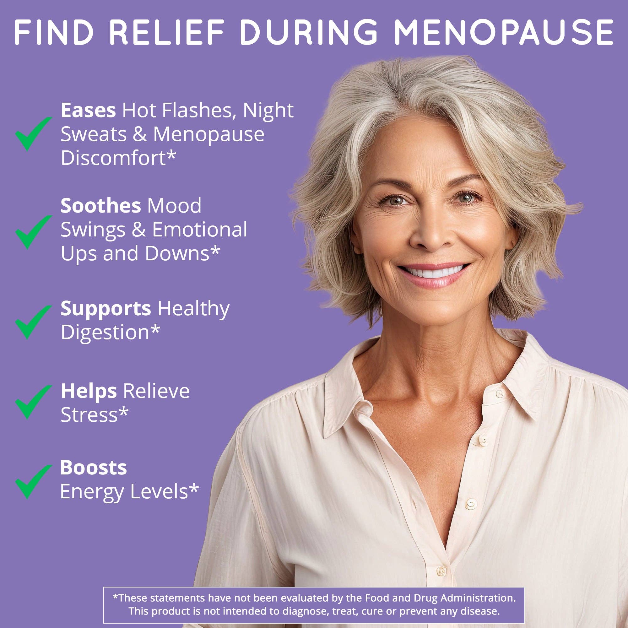 Woman with gray hair and a light shirt on a purple background with text about menopause relief.