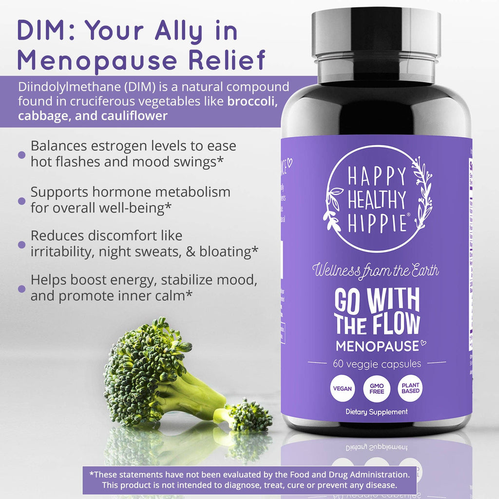 Supplement bottle labeled 'Happy Healthy Hippie' with purple label and text about menopause relief on a white background.