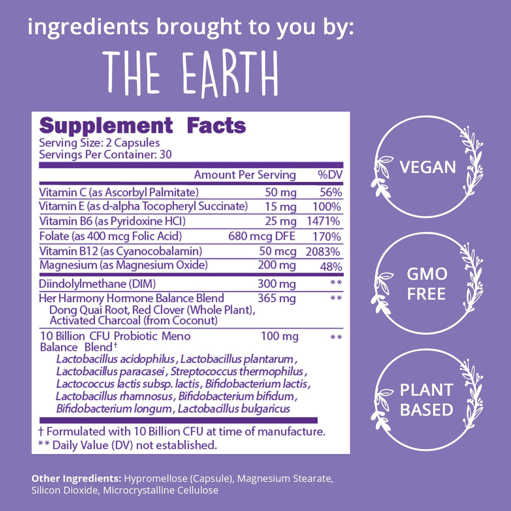 Supplement facts label with vegan, GMO-free, and plant-based icons on a purple background.