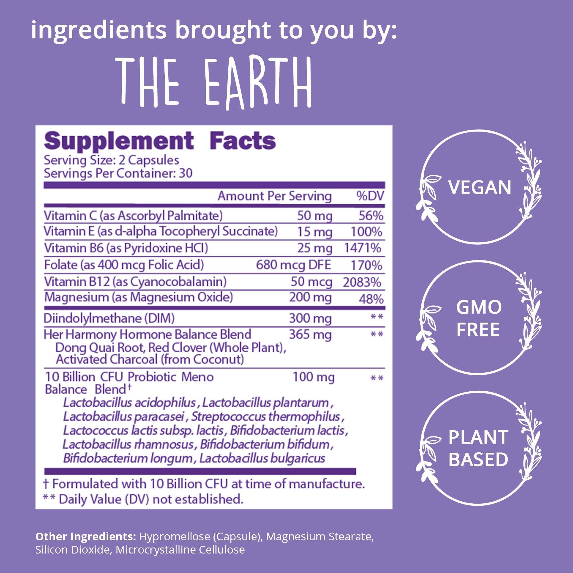 Supplement facts label with vegan, GMO-free, and plant-based icons on a purple background.