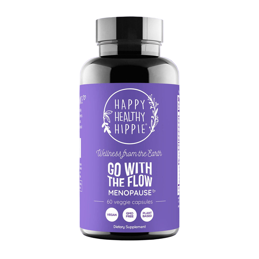 Supplement bottle with purple label featuring 'Happy Healthy Hippie' on a white background