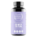 Supplement bottle with a purple label on a matching purple background