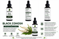 Three bottles of Black Cohosh supplement with dropper on a white background