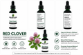 Three bottles of Green Bottle Herb Red Clover tincture with product details on a white background.