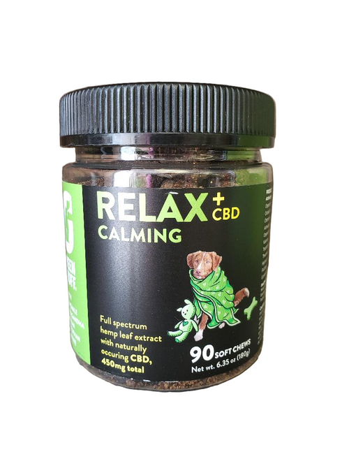 Jar of Relax + CBD Calming treats for dogs on a white background