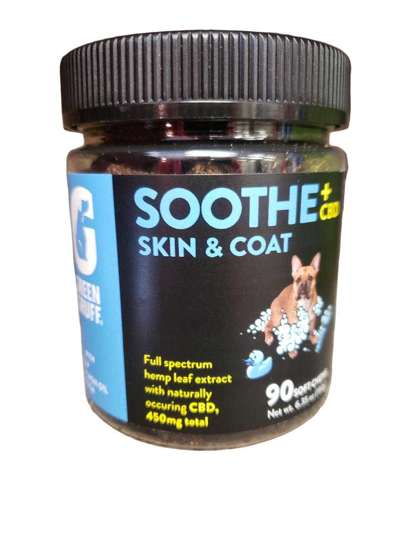 Jar of 'Soothe Skin & Coat' product with a black lid on a white background