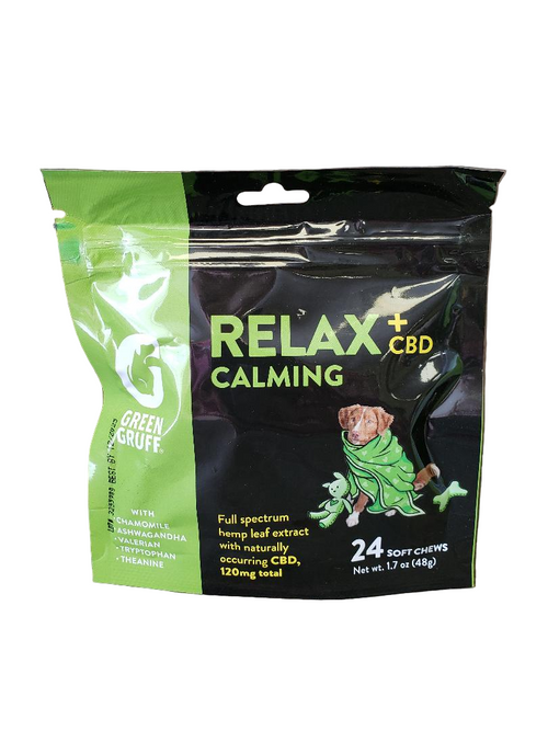 Packaging of RELAX CBD Calming treats for dogs with green and black design.