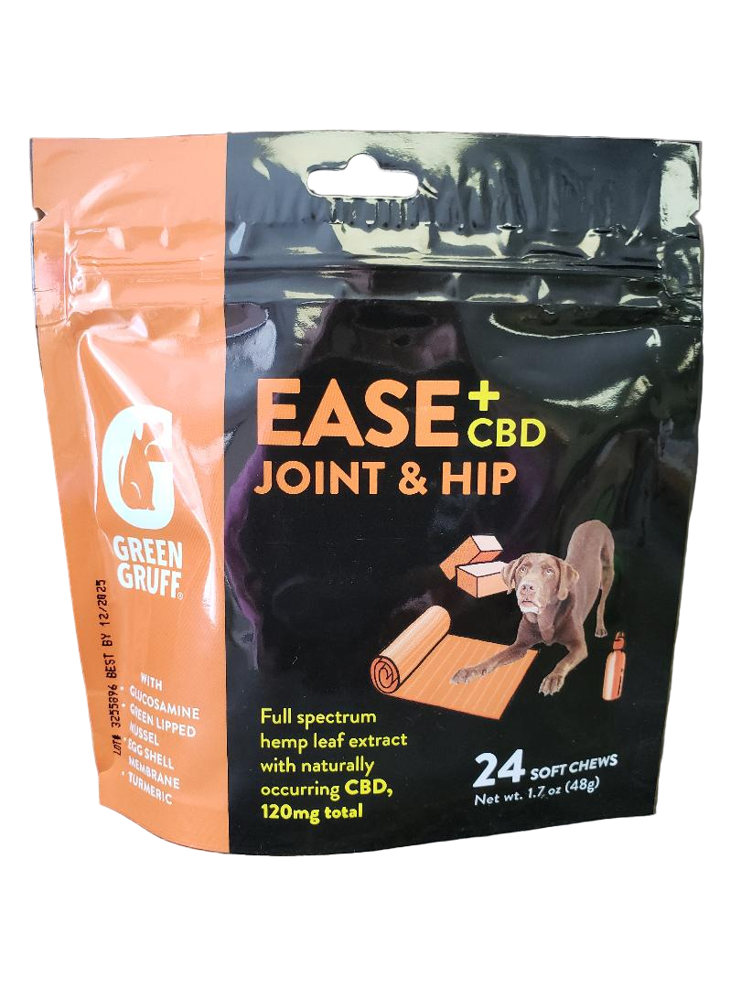 Packaging of Green Gruff Ease + CBD Joint & Hip supplement for dogs on a white background