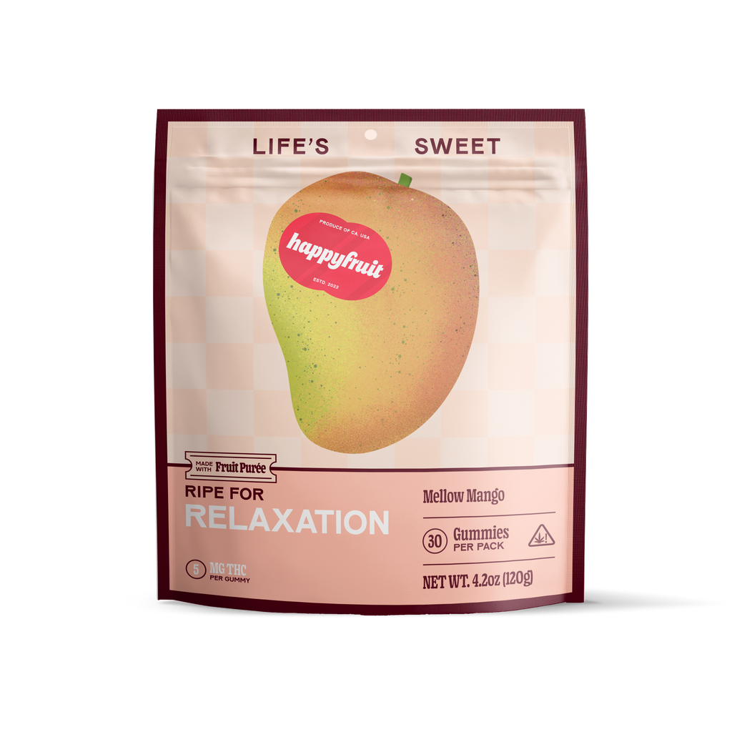Happy Fruit mellow mango gummies packaging on a white background