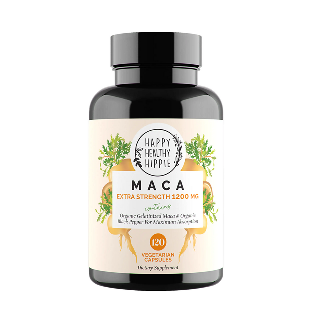 Supplement bottle labeled 'Happy Healthy Hippie' with maca supplement on a light gray background