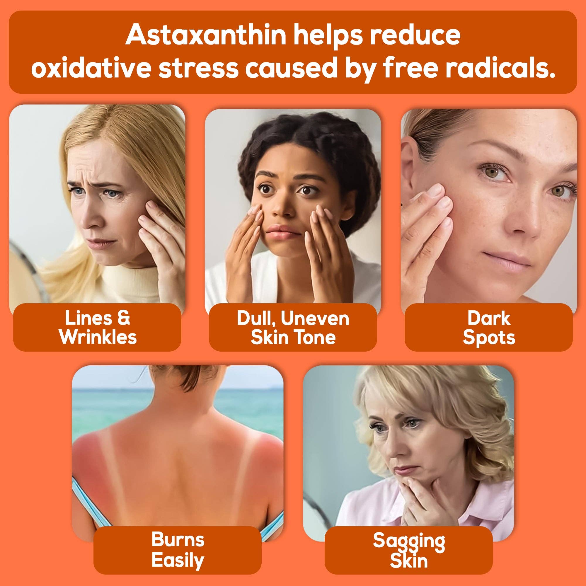 Advertisement for Astaxanthin with images of people showing skin issues and text about Astaxanthin's benefits.