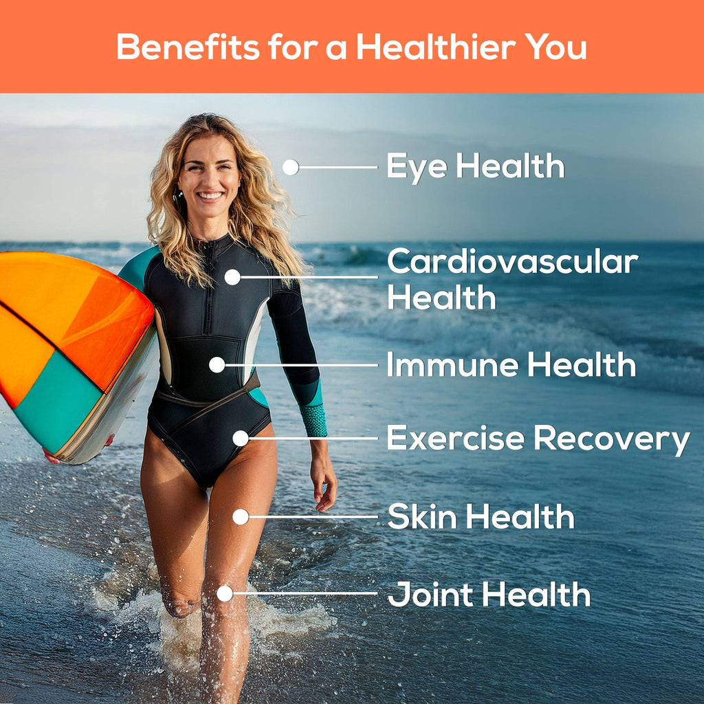 Woman in wetsuit holding a surfboard on a beach with health benefits listed.