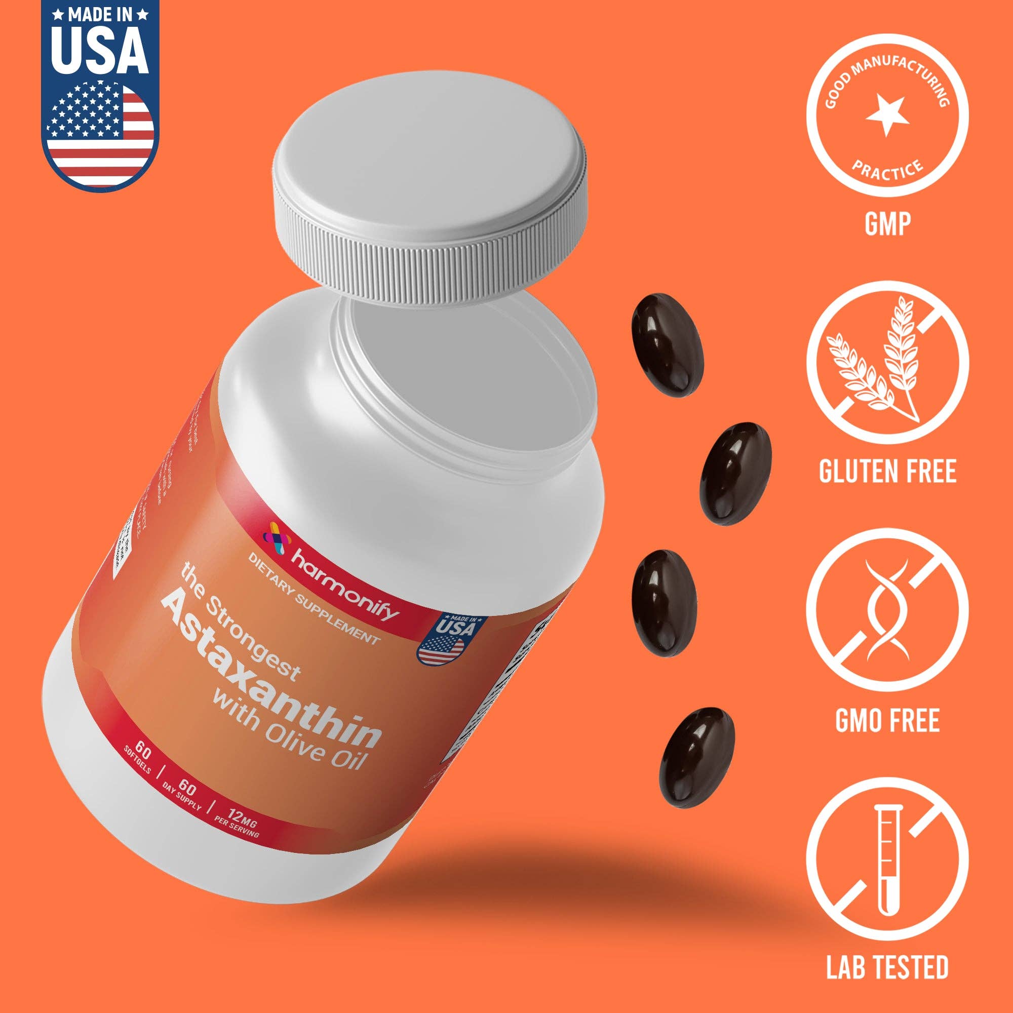 Bottle of Astaxanthin supplement with labels indicating 'Made in USA', 'GMP', 'Gluten Free', 'GMO Free', and 'Lab Tested' on an orange background.