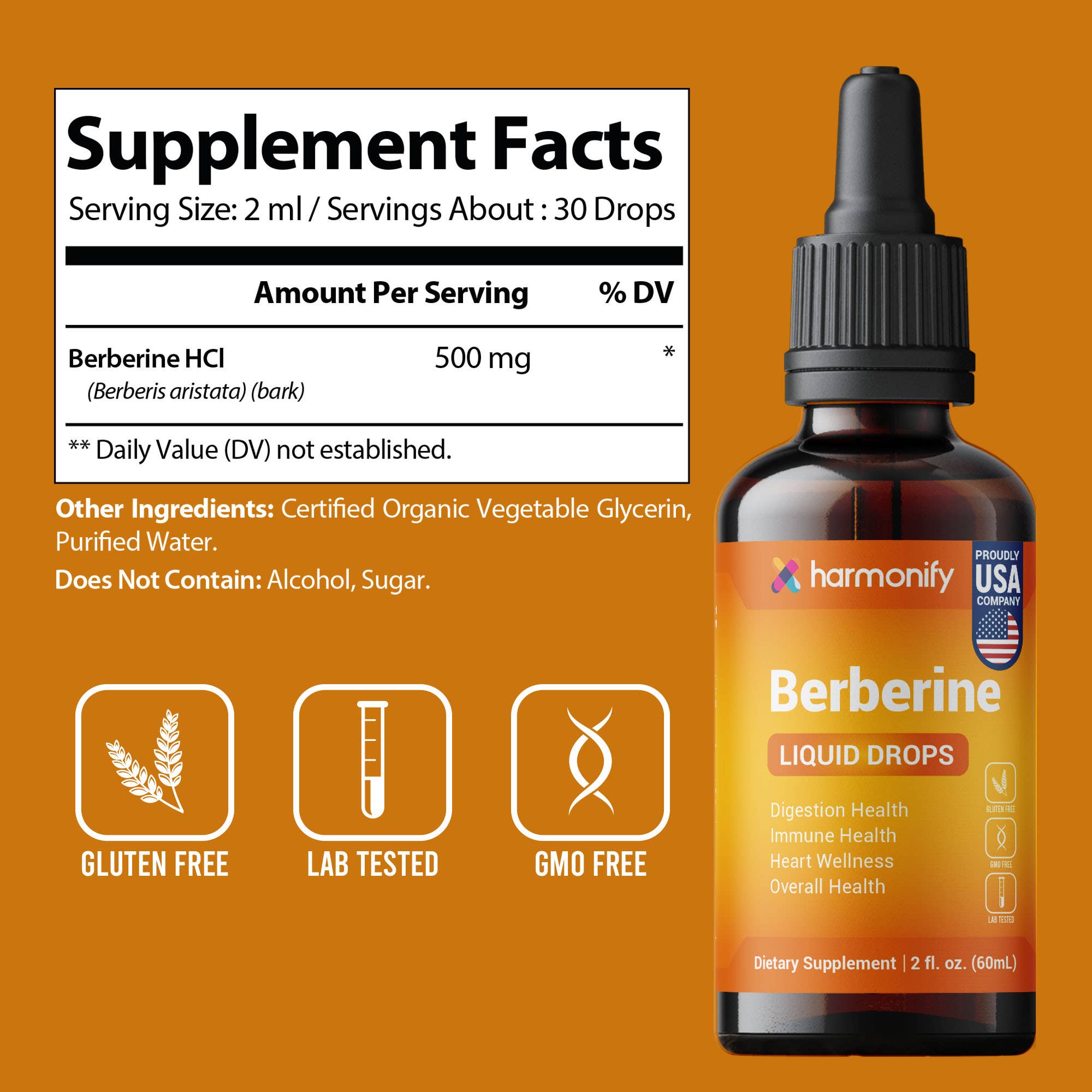 Berberine liquid drops supplement with label and branding on an orange background