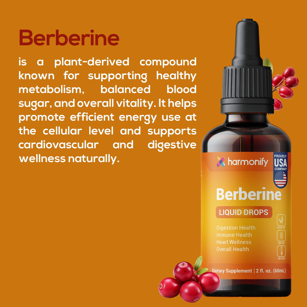 Berberine liquid drops bottle with text about its benefits on an orange background