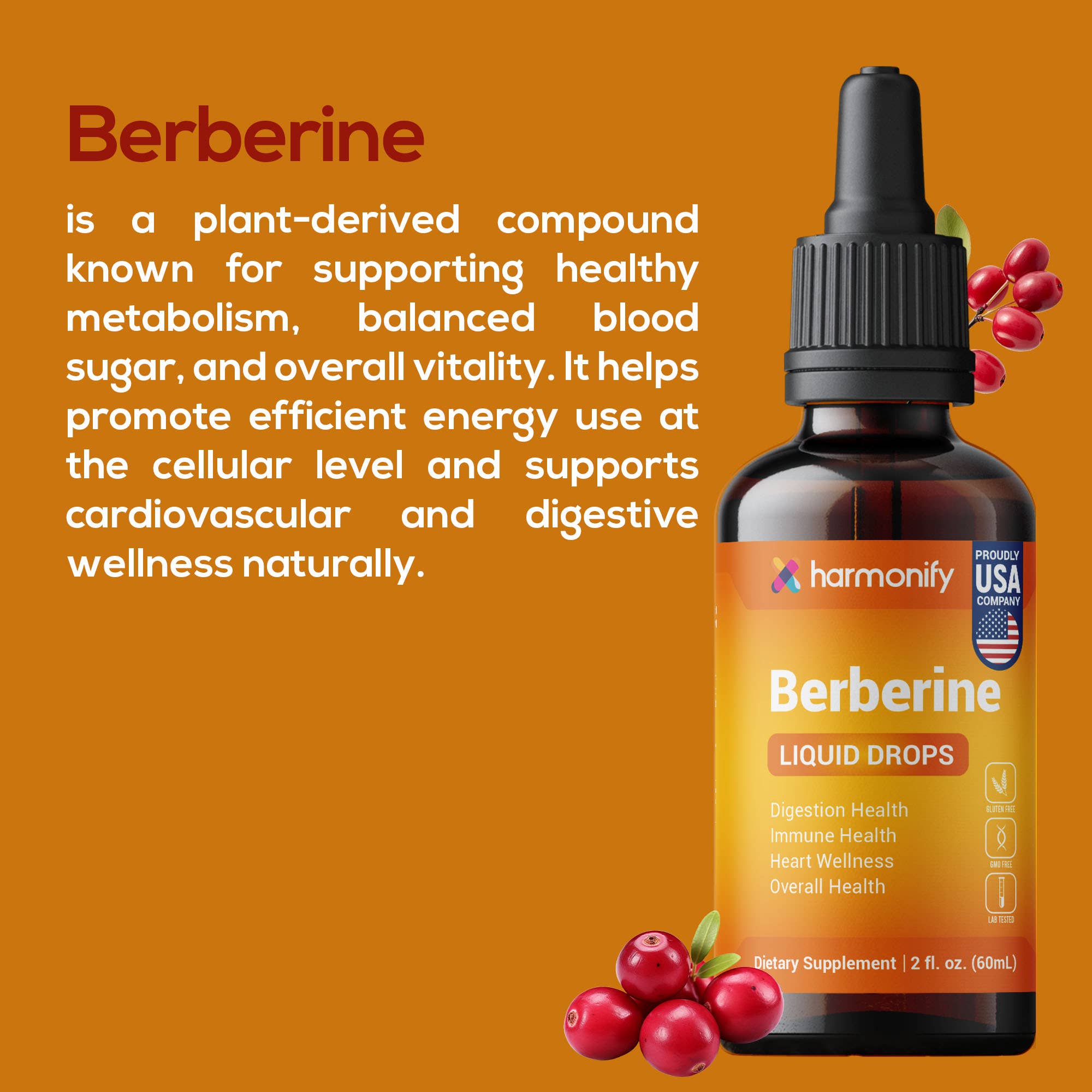 Berberine liquid drops bottle with text about its benefits on an orange background