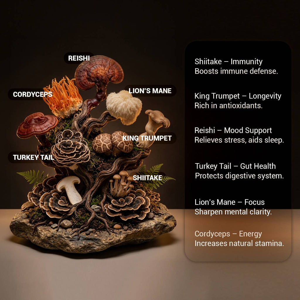 A decorative mushroom arrangement on a sculpted base with multiple labeled species including Reishi, Lion's Mane, Turkey Tail, Cordyceps, and Shiitake. A black text panel on the right lists health benefits for each mushroom.