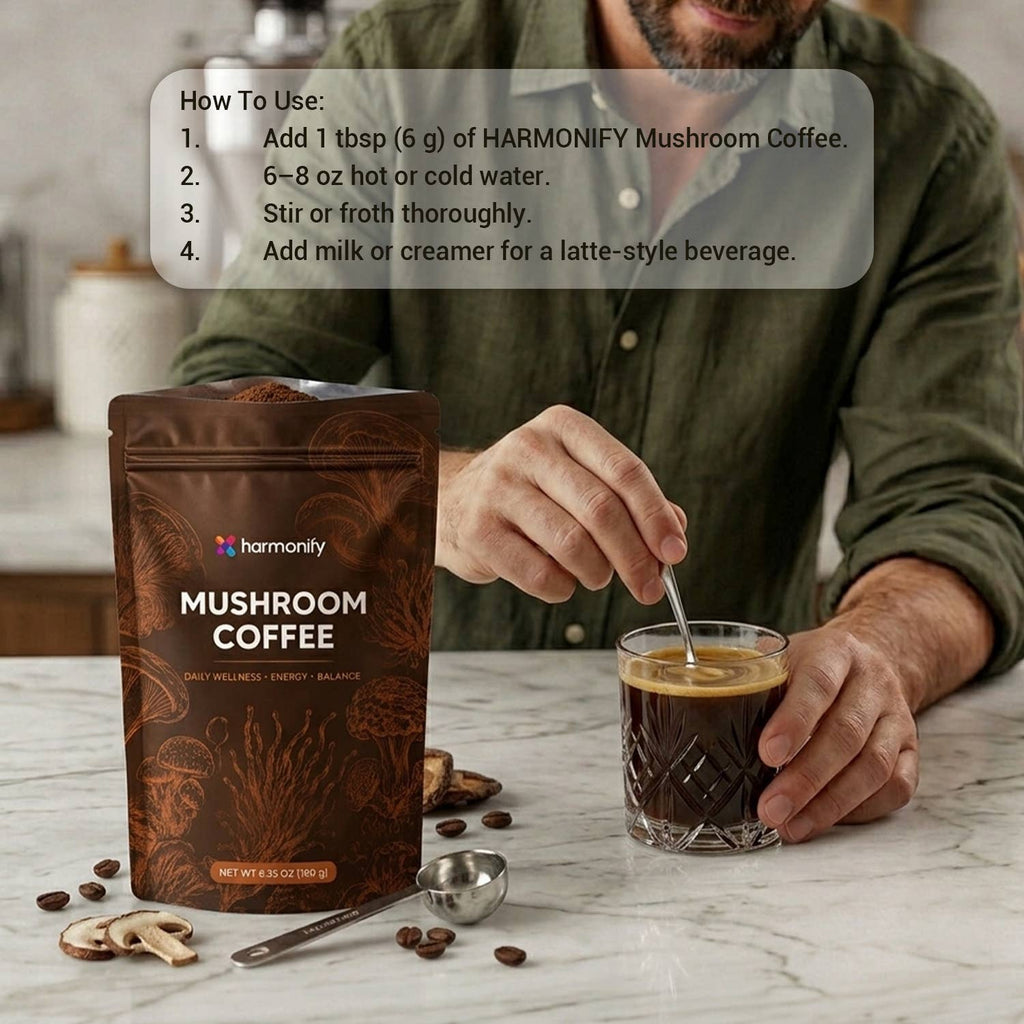 A man in a green shirt stands at a kitchen counter holding a glass of coffee while using a spoon to stir a pouch of Harmony Mushroom Coffee. The brown stand-up pouch is labeled 'Harmony Mushroom Coffee' and is shown on a marble countertop with coffee beans and a metal scoop nearby.