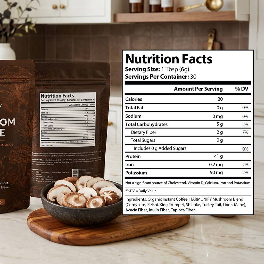 A stand-up pouch of mushroom blend with a large Nutrition Facts label overlay, shown on a kitchen counter beside sliced mushrooms in a bowl and a wooden cutting board.