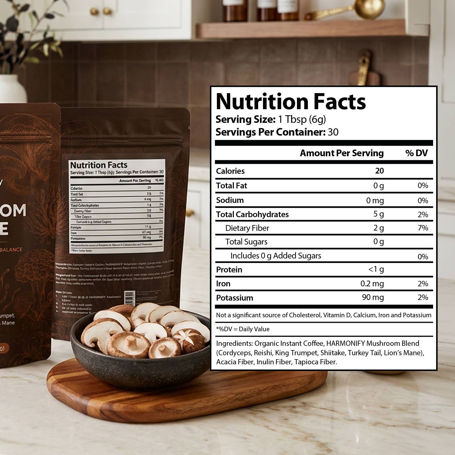 A stand-up pouch of mushroom blend with a large Nutrition Facts label overlay, shown on a kitchen counter beside sliced mushrooms in a bowl and a wooden cutting board.