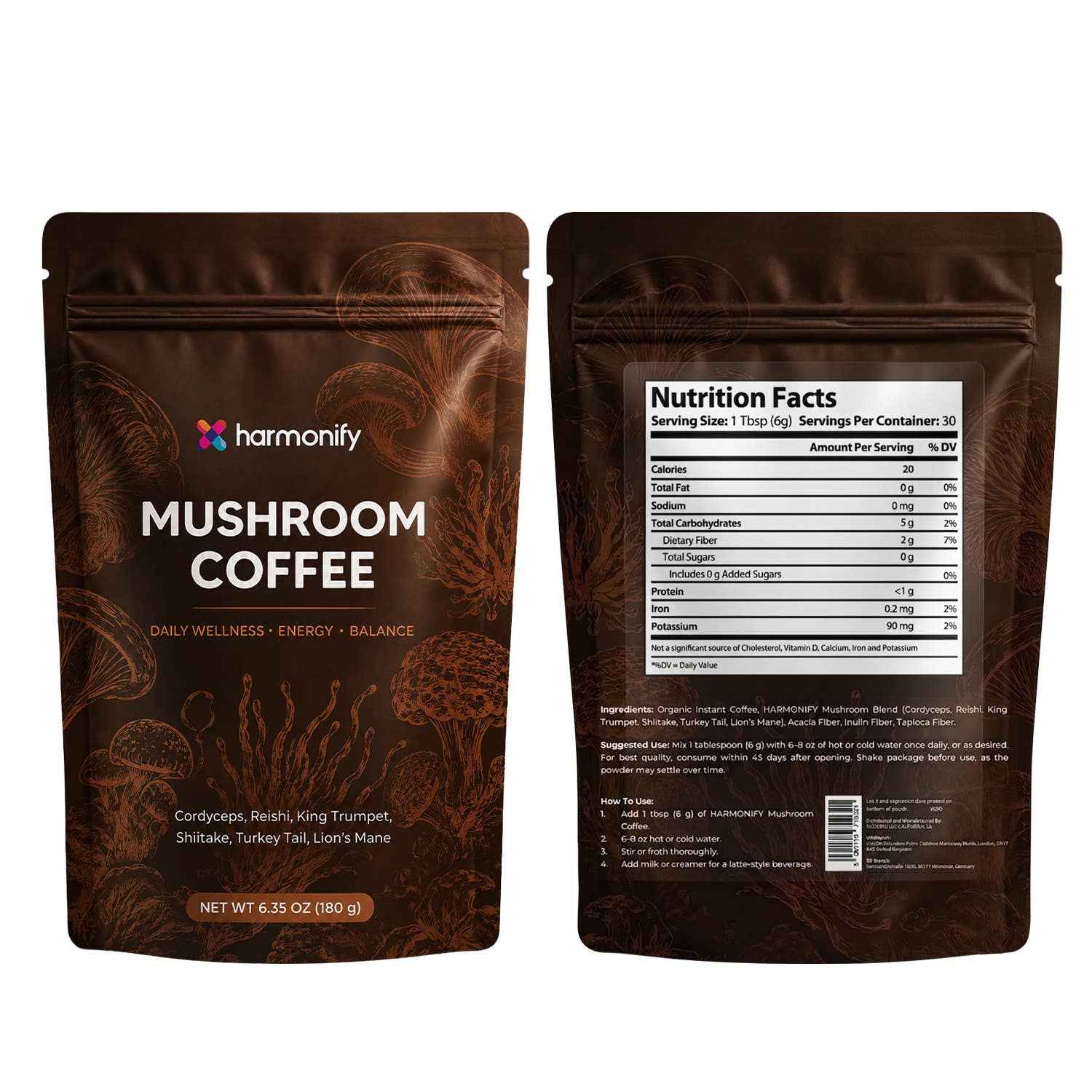 Two brown stand-up pouches of harmonify Mushroom Coffee shown side by side on a white background, with the front label on the left and the back showing nutrition facts on the right.