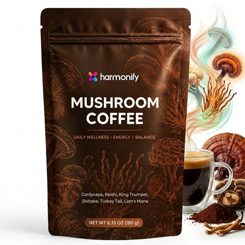 A stand-up pouch of harmonify Mushroom Coffee on a white background, with illustrated mushrooms, a glass of coffee, and loose ingredients shown beside it.