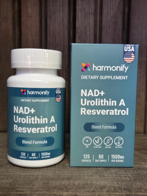 Harmonify NAD+ Urolithin A Resveratrol supplement bottle and packaging on a wooden surface.